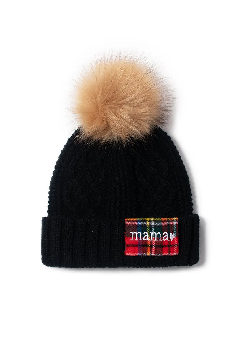 ABB857 - Cable knit beanie with Mama plaid patch and faux fur pom