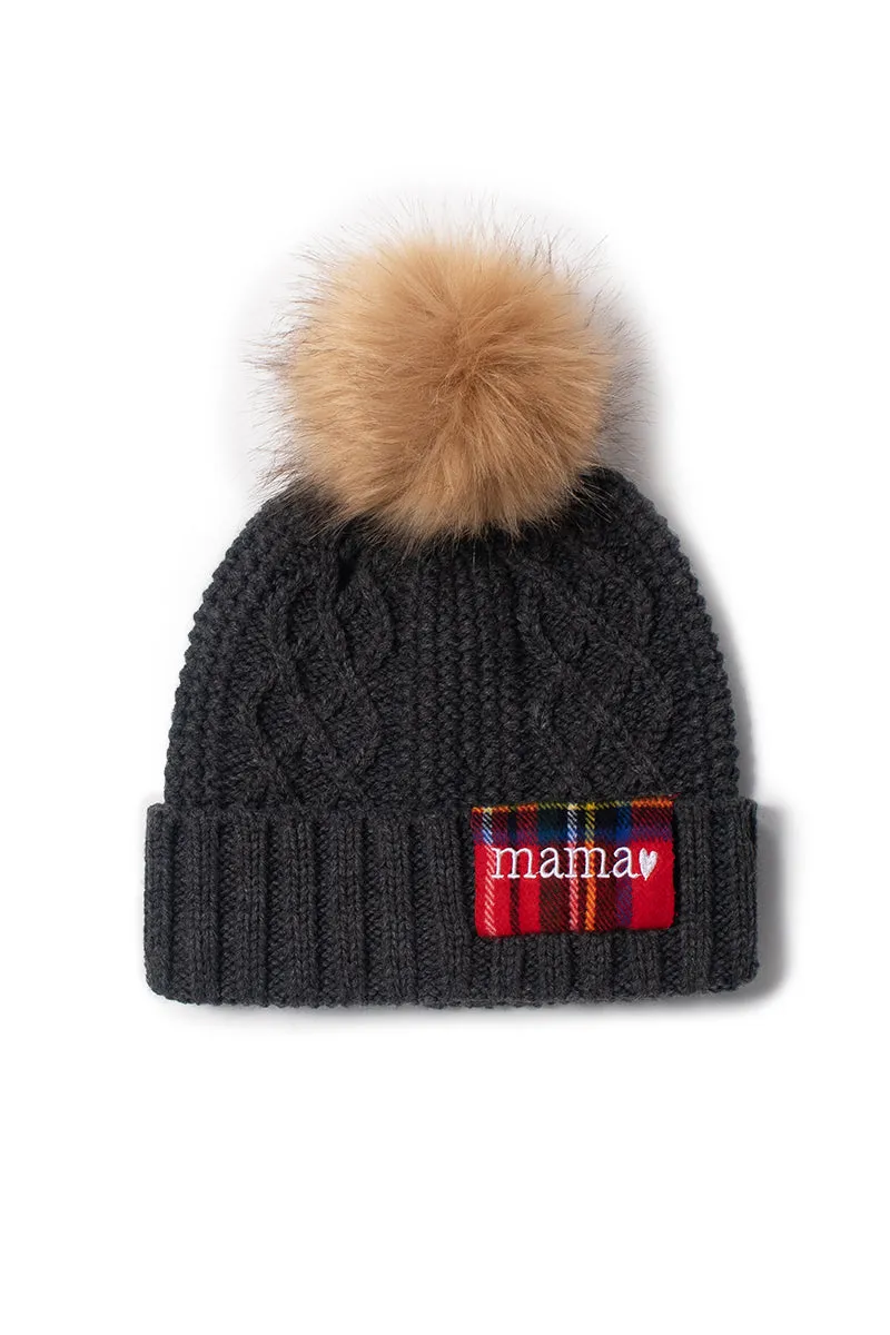 ABB857 - Cable knit beanie with Mama plaid patch and faux fur pom