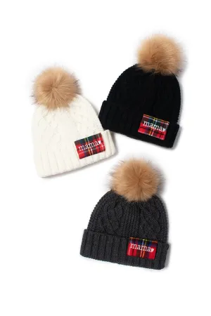 ABB857 - Cable knit beanie with Mama plaid patch and faux fur pom