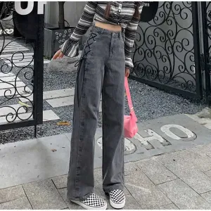 Aiertu High Waist Side Tie Long Jeans Pants