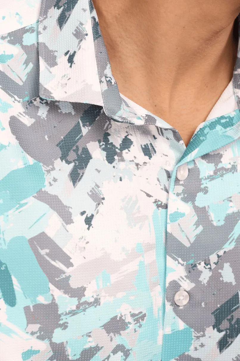 Aqua Blue & Grey Splash Printed shirt - Half - Wrinkle Free