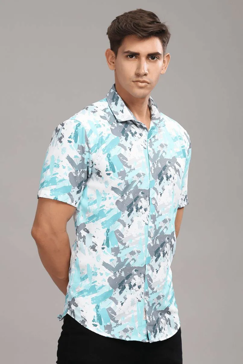 Aqua Blue & Grey Splash Printed shirt - Half - Wrinkle Free