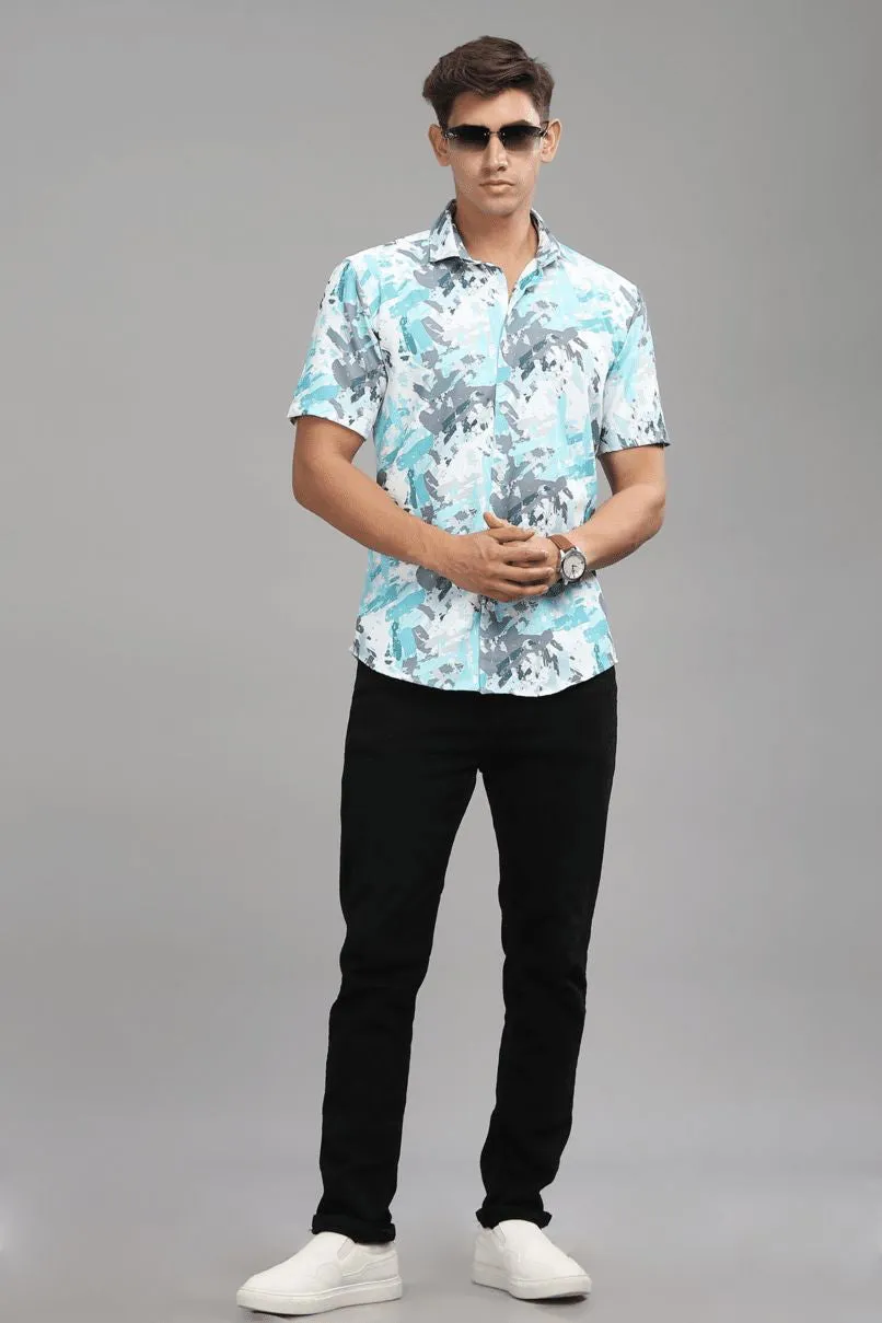 Aqua Blue & Grey Splash Printed shirt - Half - Wrinkle Free