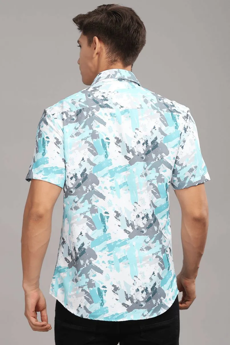 Aqua Blue & Grey Splash Printed shirt - Half - Wrinkle Free