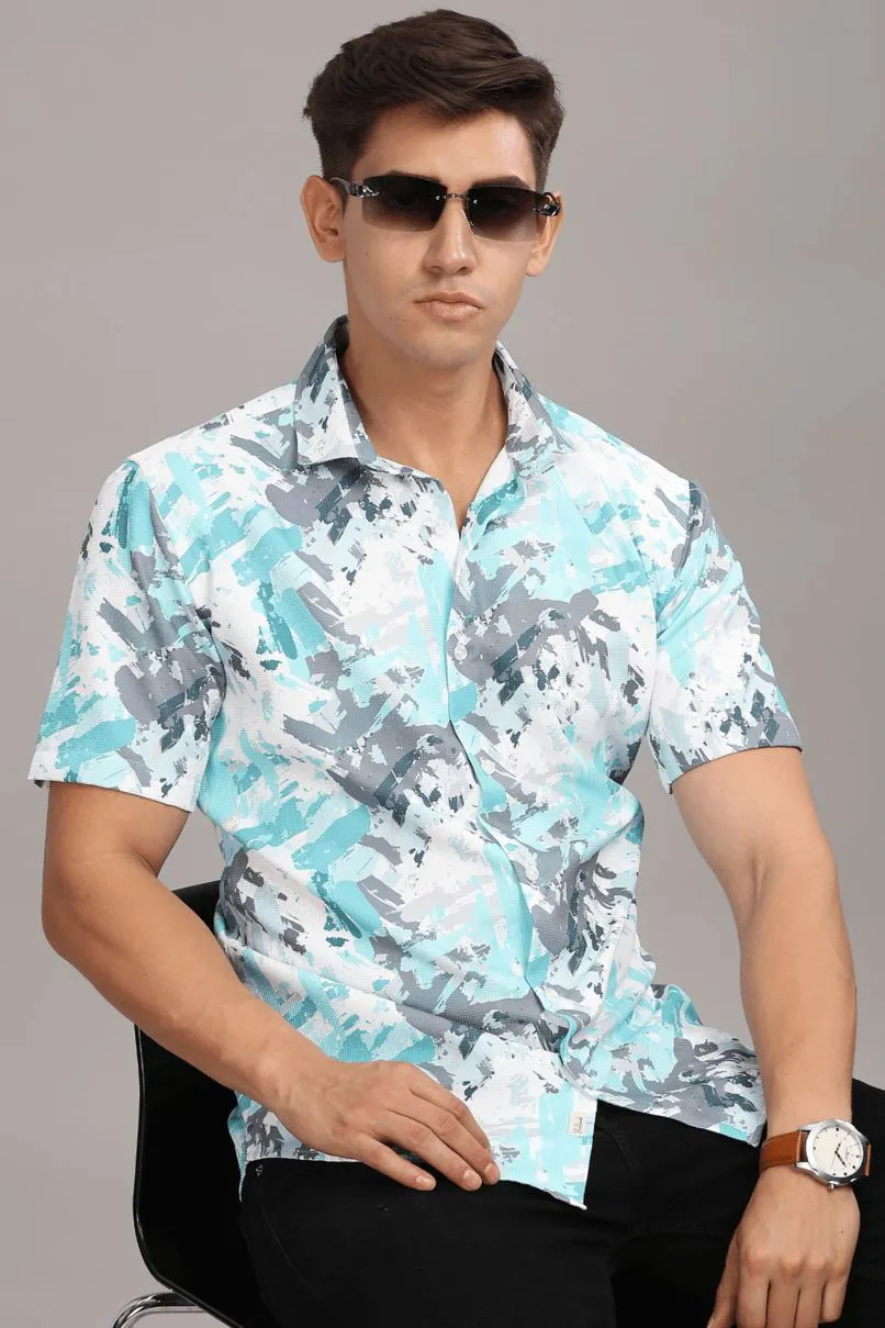 Aqua Blue & Grey Splash Printed shirt - Half - Wrinkle Free