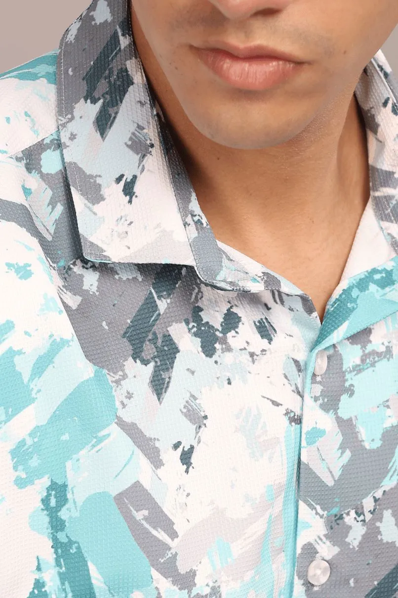 Aqua Blue & Grey Splash Printed shirt - Half - Wrinkle Free