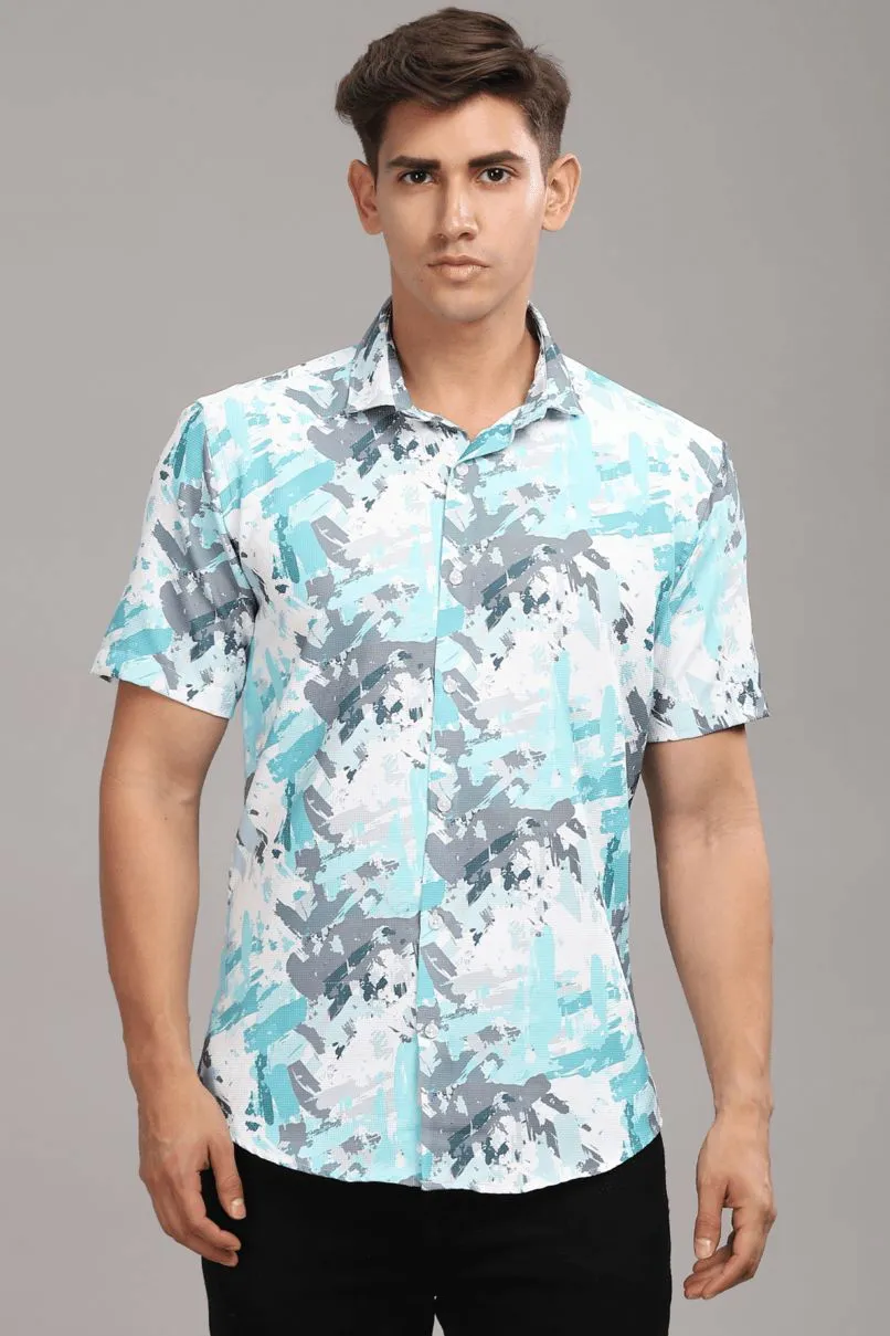 Aqua Blue & Grey Splash Printed shirt - Half - Wrinkle Free
