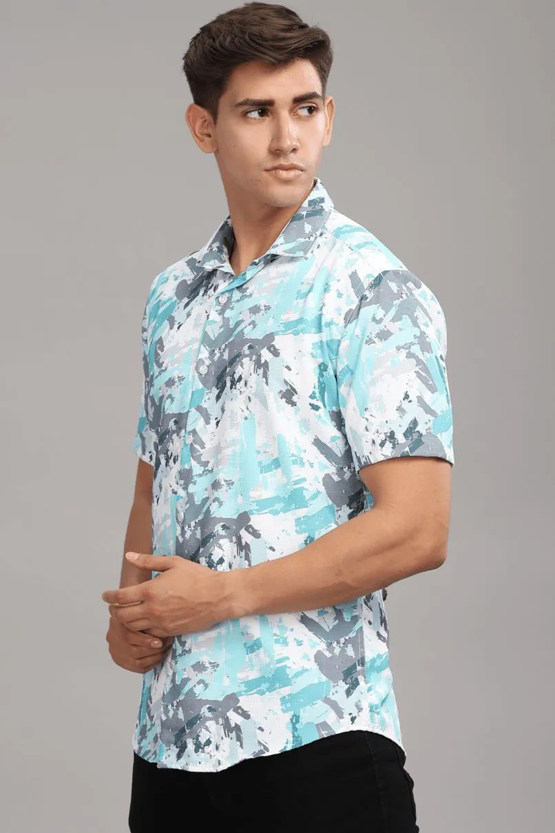 Aqua Blue & Grey Splash Printed shirt - Half - Wrinkle Free
