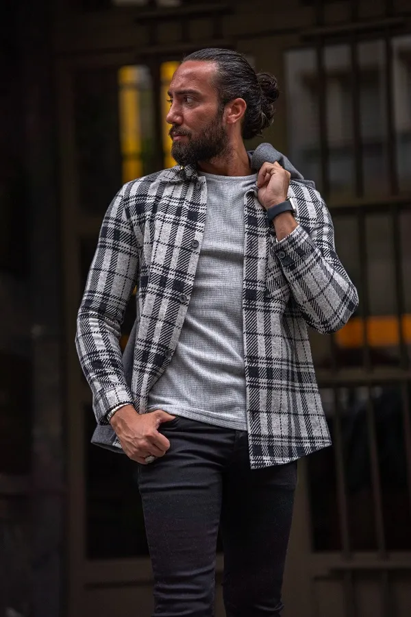 Beige Brown Slim Fit Double Pocket Long Sleeve Plaid Shirt