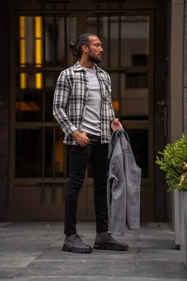 Beige Brown Slim Fit Double Pocket Long Sleeve Plaid Shirt