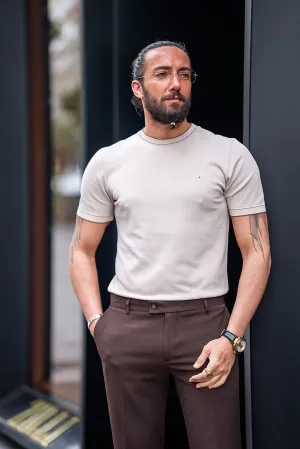 Beige Slim Fit Crew Neck T-Shirt for Men by GentWith