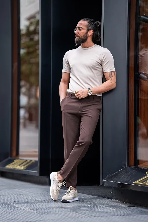 Beige Slim Fit Crew Neck T-Shirt for Men by GentWith
