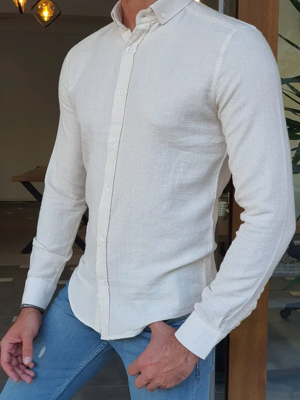 Beige Slim Fit Long Sleeve Cotton Shirt for Men by GentWith.com