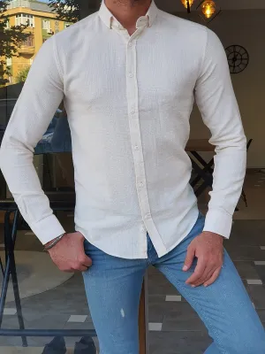 Beige Slim Fit Long Sleeve Cotton Shirt for Men by GentWith.com