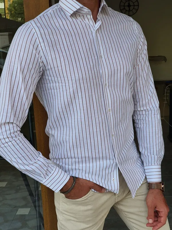 Beige Slim Fit Long Sleeve Striped Cotton Shirt for Men by GentWith.com