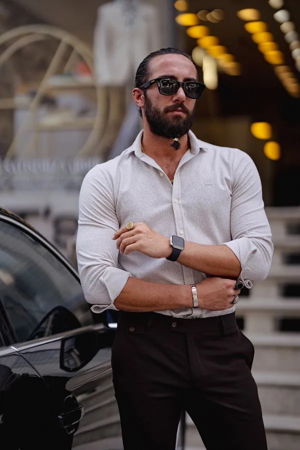 Beige Slim Fit Textured Cotton Shirt by GentWith
