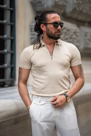 Beige Slim Fit Zippers Polo T-Shirt for Men by GentWith