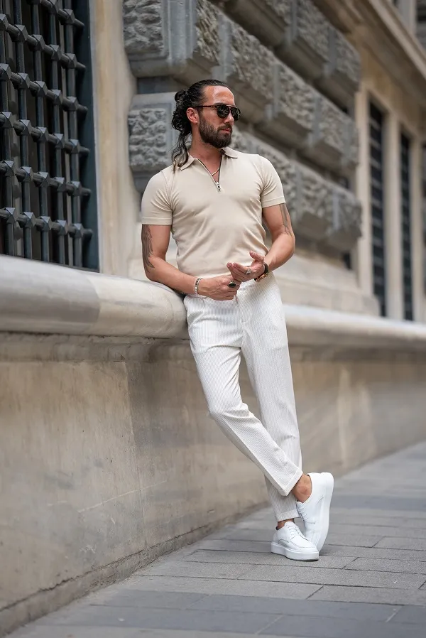 Beige Slim Fit Zippers Polo T-Shirt for Men by GentWith