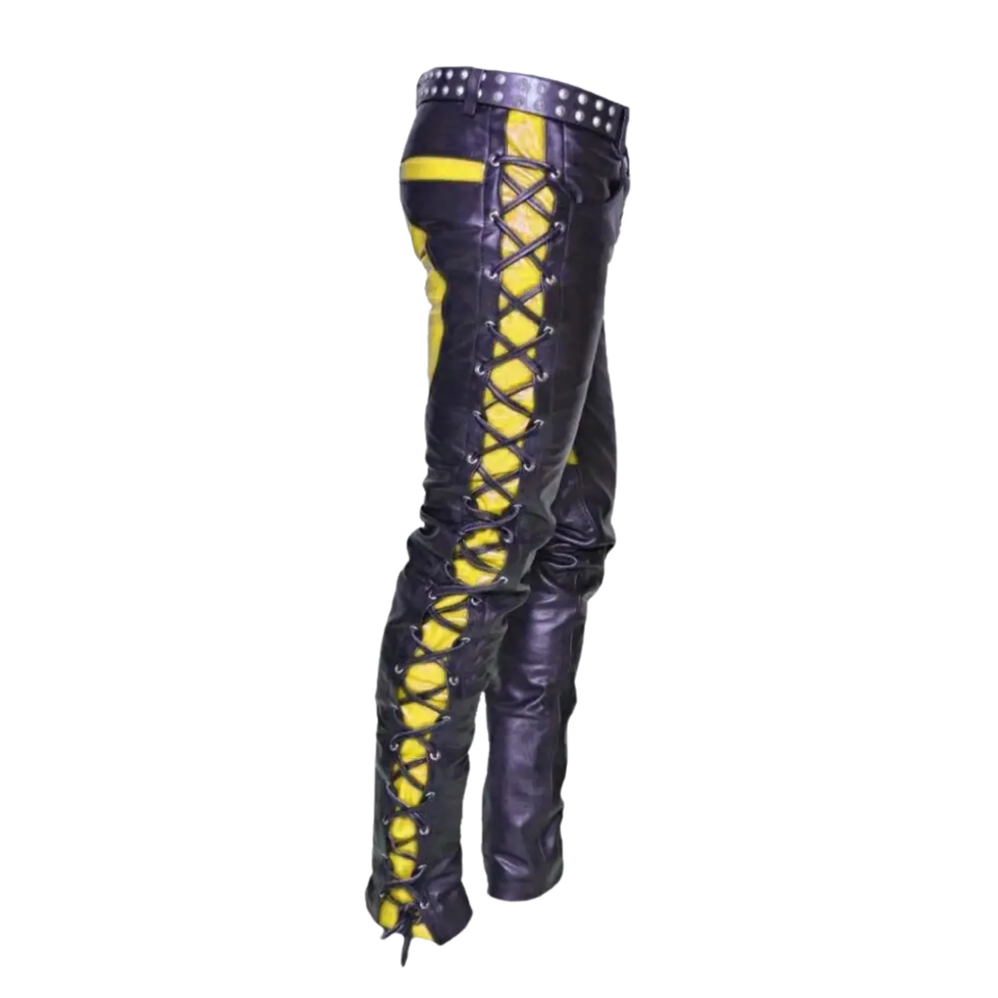 Black and Yellow Leather Pants with Side Laces