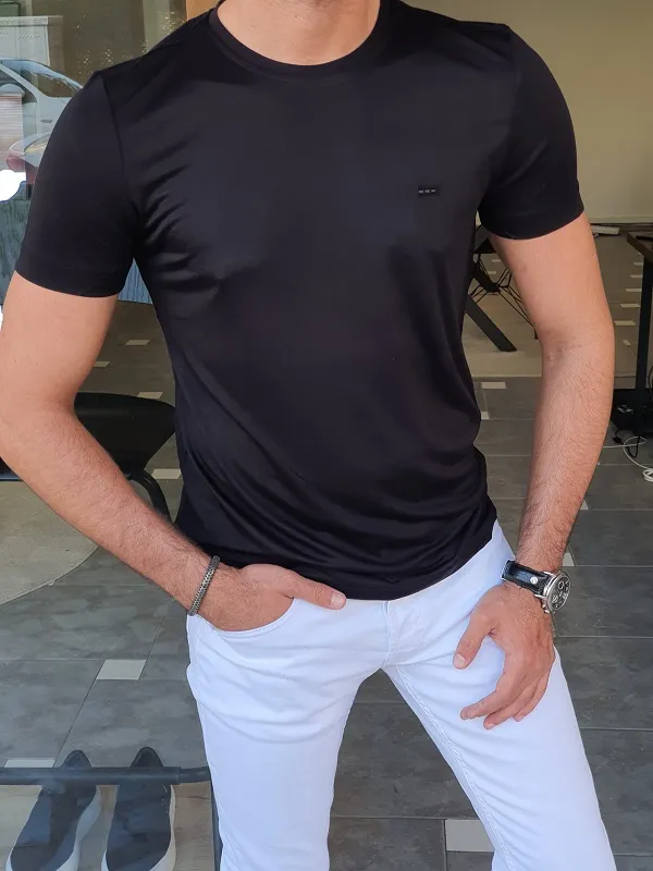Black Slim Fit Crew Neck T-Shirt for Men by GentWith.com