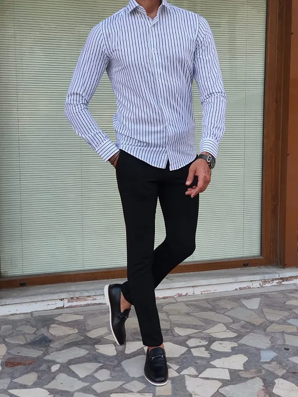 Black Slim Fit Long Sleeve Striped Cotton Shirt for Men by GentWith.com