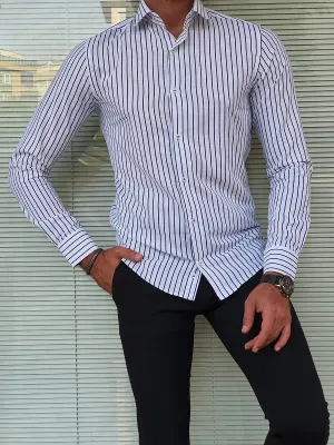 Black Slim Fit Long Sleeve Striped Cotton Shirt for Men by GentWith.com