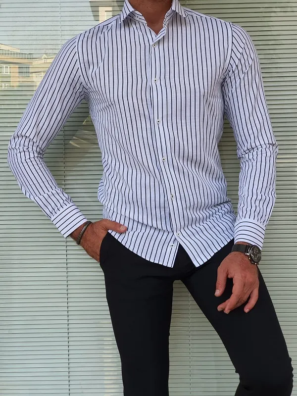 Black Slim Fit Long Sleeve Striped Cotton Shirt for Men by GentWith.com