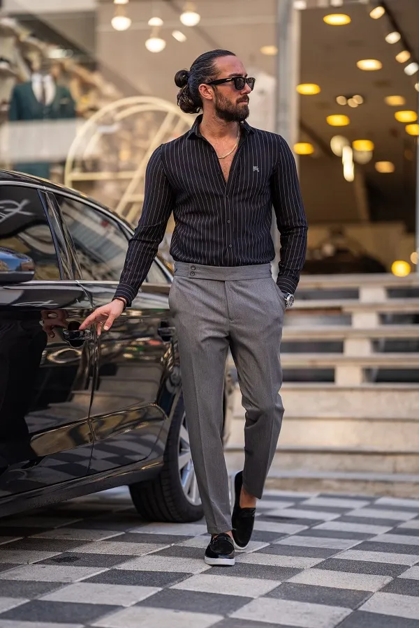 Black Slim Fit Pinstripe Cotton Shirt by GentWith