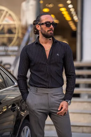 Black Slim Fit Pinstripe Cotton Shirt by GentWith