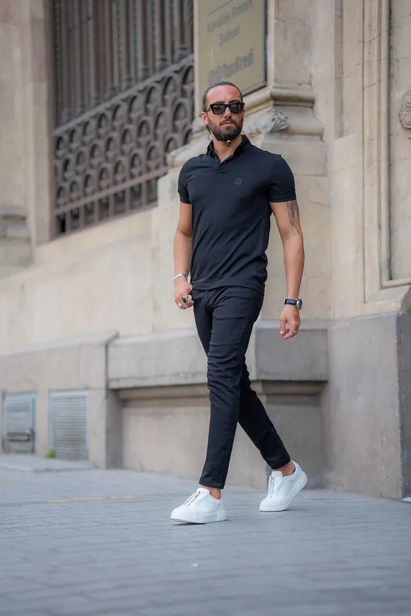 Black Slim Fit Polo T-Shirt for Men by GentWith