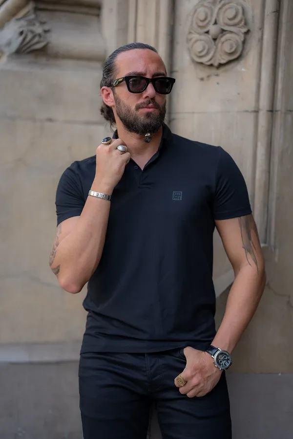 Black Slim Fit Polo T-Shirt for Men by GentWith