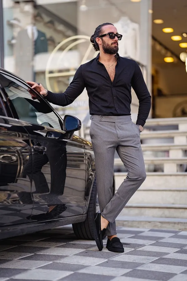 Black Slim Fit Textured Cotton Shirt by GentWith