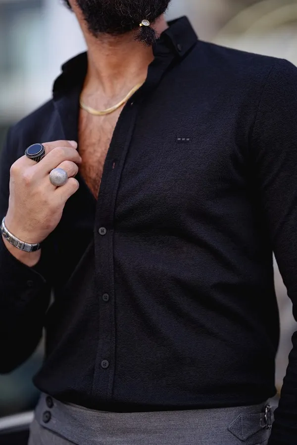 Black Slim Fit Textured Cotton Shirt by GentWith