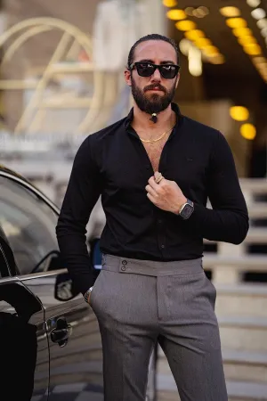 Black Slim Fit Textured Cotton Shirt by GentWith