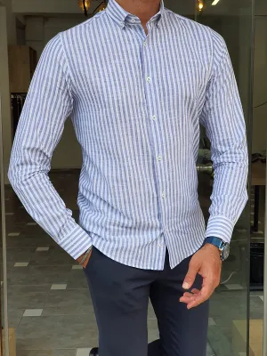 Blue Slim Fit Long Sleeve Striped Cotton Shirt for Men by GentWith.com