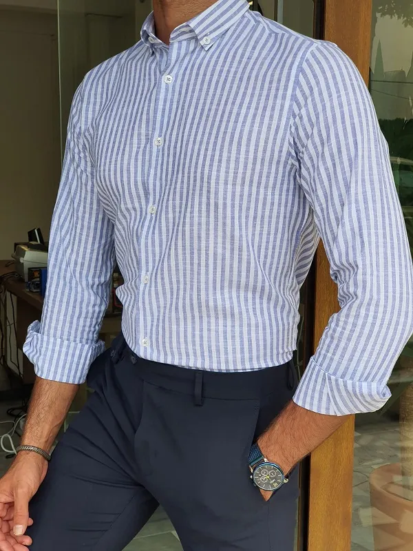 Blue Slim Fit Long Sleeve Striped Cotton Shirt for Men by GentWith.com
