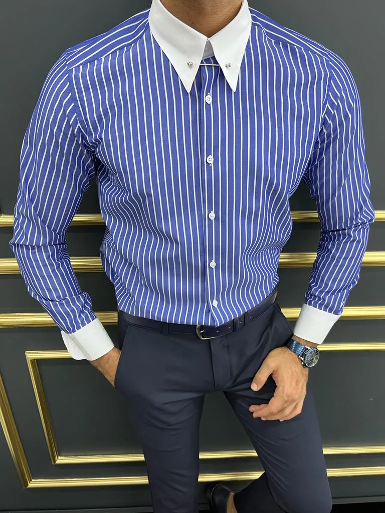 Blue Slim Fit Striped Cotton Shirt for Men by GentWith.com