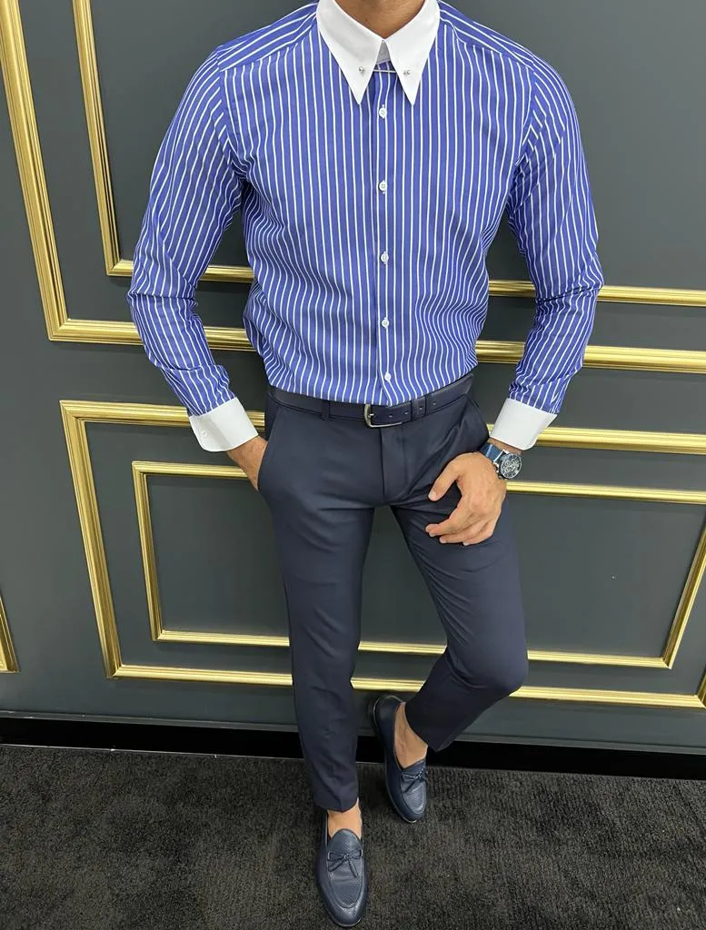 Blue Slim Fit Striped Cotton Shirt for Men by GentWith.com