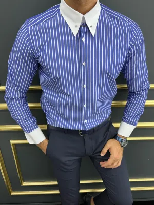 Blue Slim Fit Striped Cotton Shirt for Men by GentWith.com