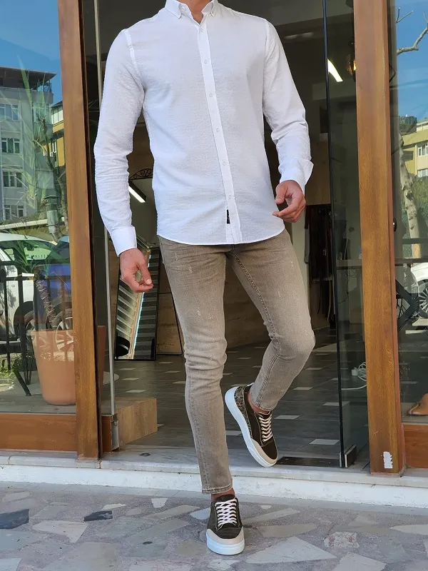 But White Slim Fit Long Sleeve Shirt by GentWith | Worldwide Shipping