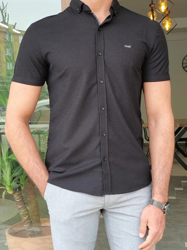 Buy Black Slim Fit Short Sleeve Shirt by GentWith | Worldwide Shipping