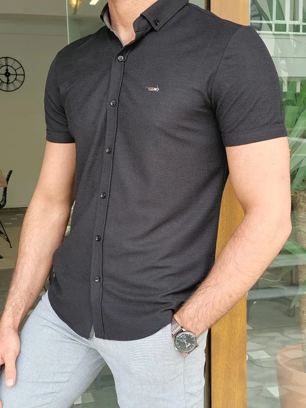 Buy Black Slim Fit Short Sleeve Shirt by GentWith | Worldwide Shipping