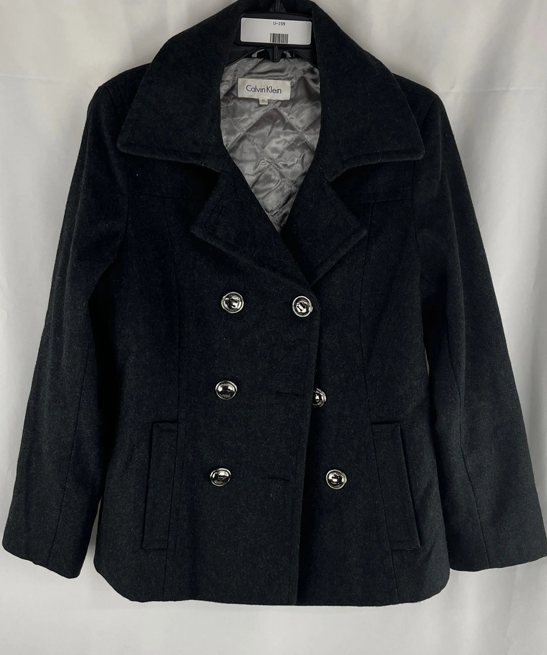Calvin Klein Women's Gray Wool Double Breasted Jacket W/Silver Buttons Size 6