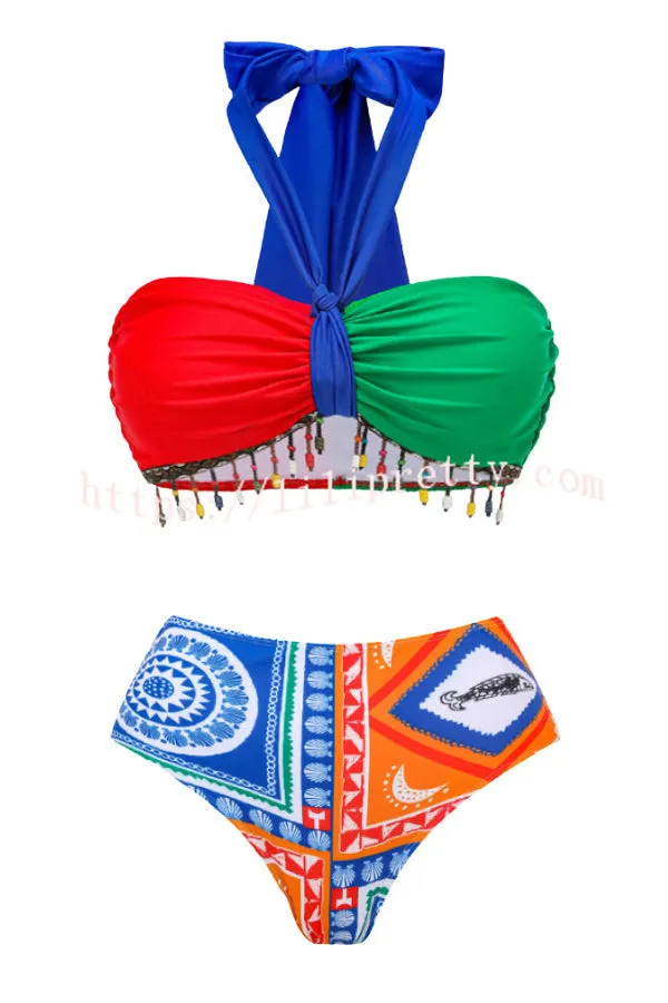Contrast Mural Print High Waist Bikini And Pants
