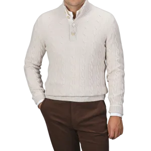 Cream Pure Cashmere Quarter Button Sweater