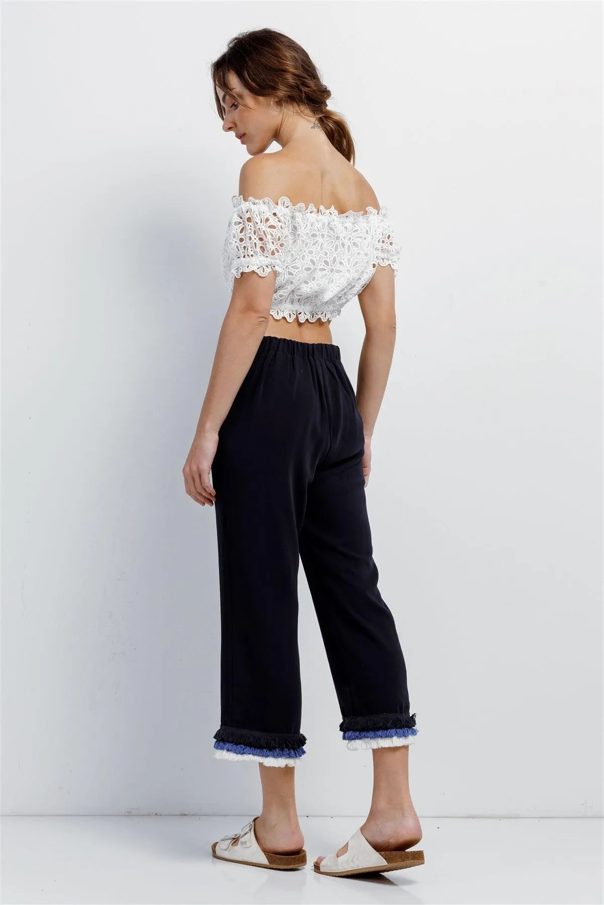 Deep Blue High Waist Layered Multicolor Shredded Hem Wide Leg Capri Pants With Front Pockets /2-2-2