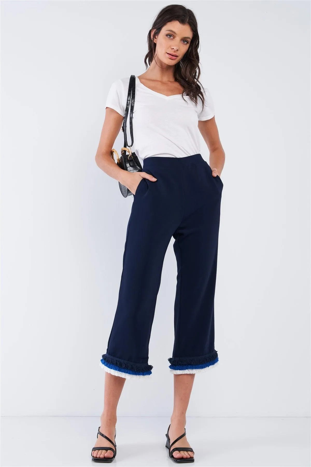 Deep Blue High Waist Layered Multicolor Shredded Hem Wide Leg Capri Pants With Front Pockets /2-2-2