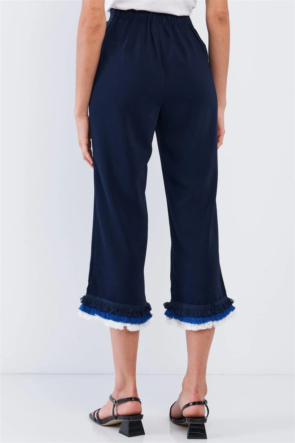 Deep Blue High Waist Layered Multicolor Shredded Hem Wide Leg Capri Pants With Front Pockets /2-2-2
