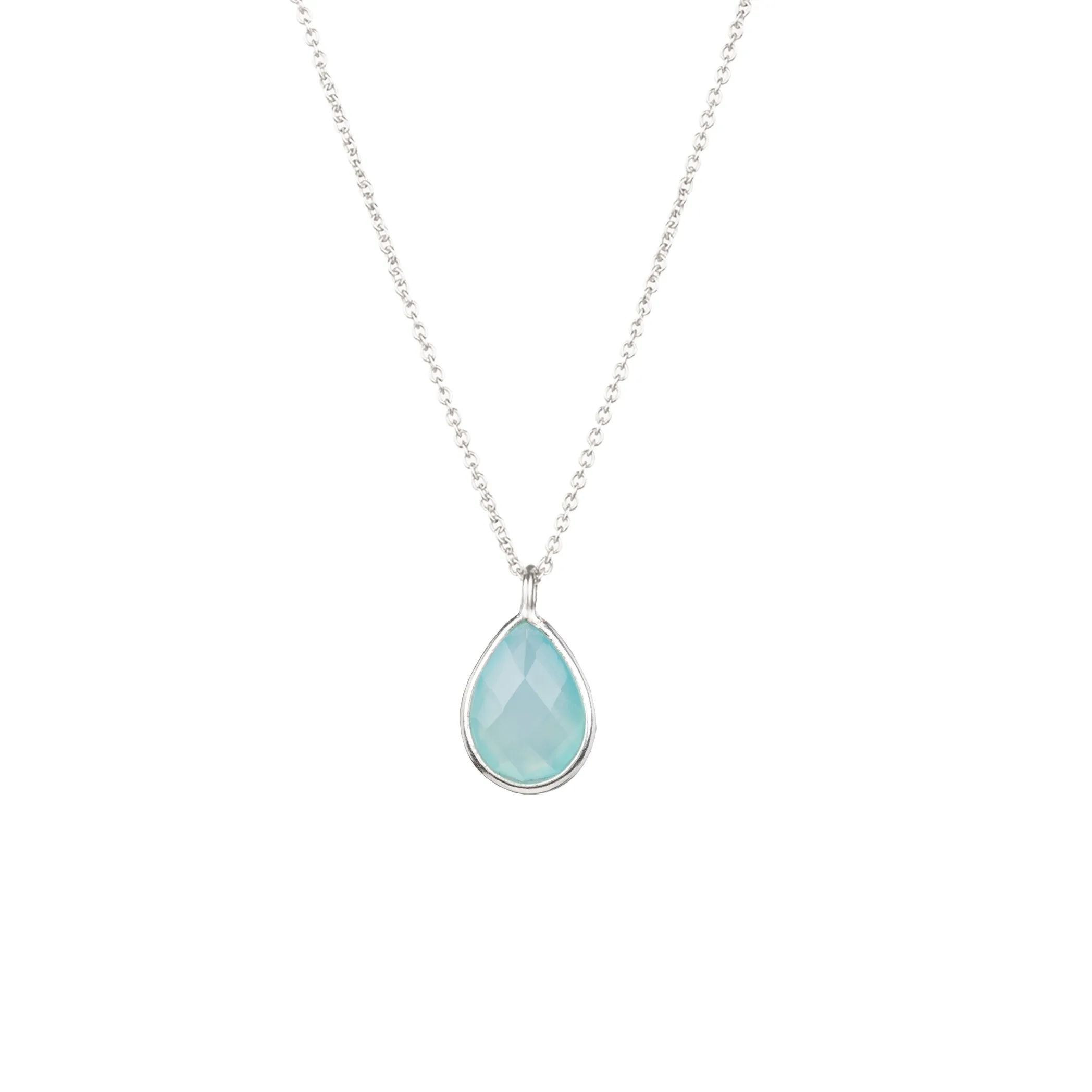 Dew Drops Aqua Calcedony Teardrop Pendant Necklace Silver