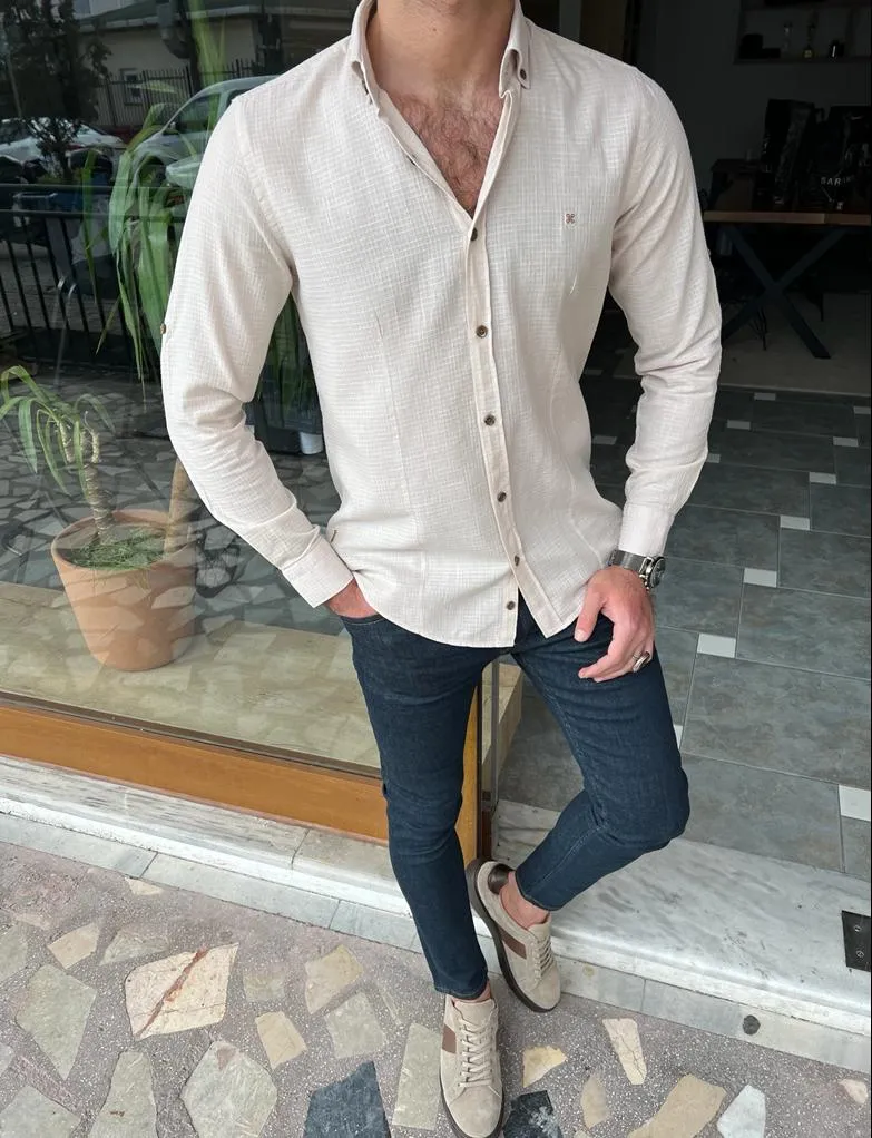 GentWith Miami Beige Slim Fit Long Sleeve Plaid Cotton Shirt - GENT WITH
